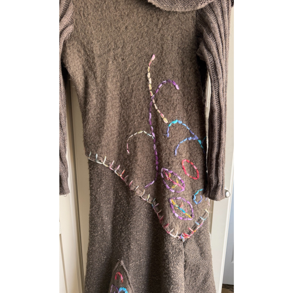 Y2K Midi embroidered sweater dress Ruffle Whimsy goth Lagenlook Art Brown Sz S/M - Picture 6 of 14